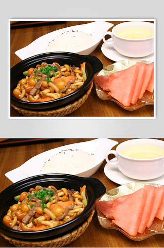 砂锅板栗鸡家常菜食物高清图片
