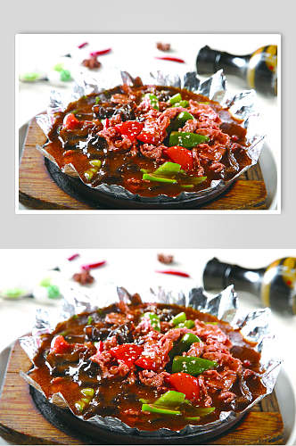 招牌铁板黑椒牛柳食物摄影图片