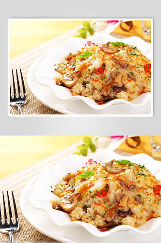 菌菇鸡肉焗饭食品图片