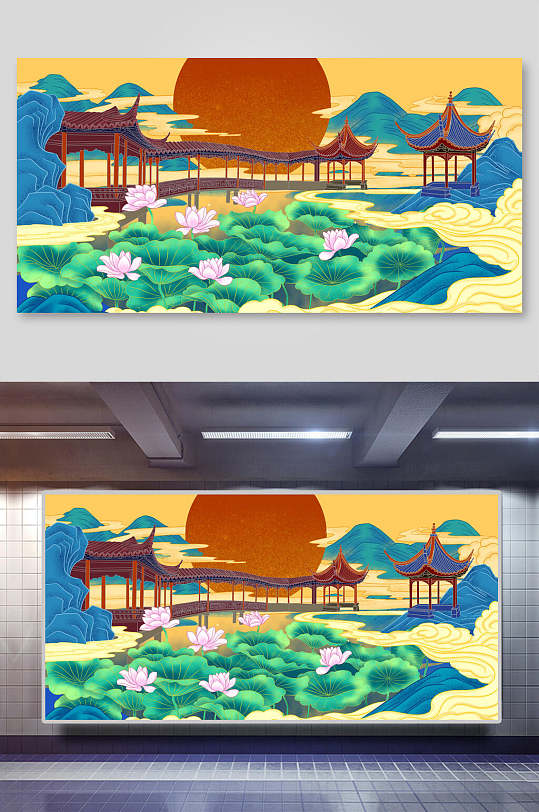 古风雅韵国潮风古建筑山水插画