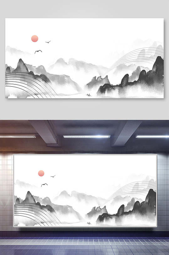日山中国风山水水墨画背景展板