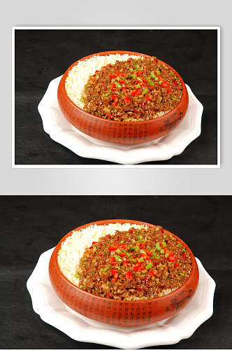 小炒肉俩米饭餐饮摄影图片