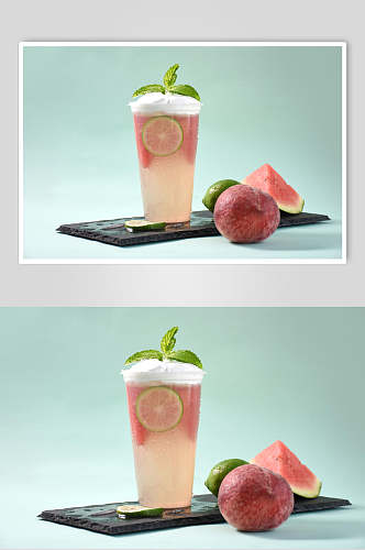 夏日水蜜桃冰凉饮品摄影图