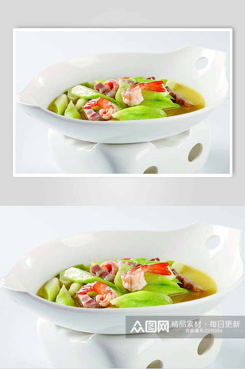 咸肉丝瓜浸活虾食物摄影图片素材