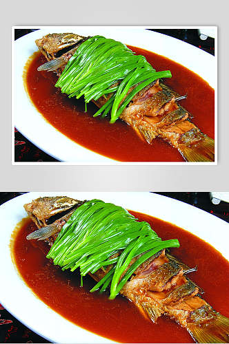 葱焖钱江野生鯽鱼食物摄影图片