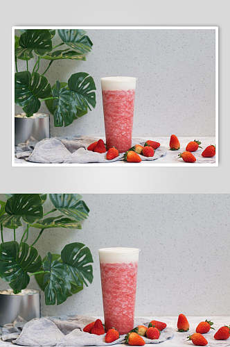 草莓果汁夏日清凉奶茶场景摄影图
