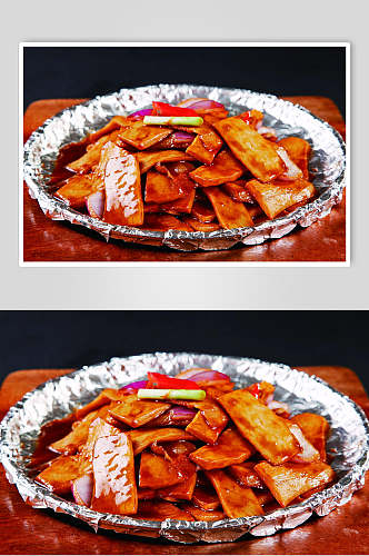 香辣美味铁板杏鲍菇食品摄影图片