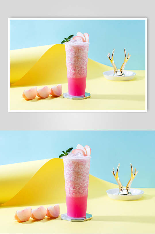 清新水蜜桃奶茶摄影图片