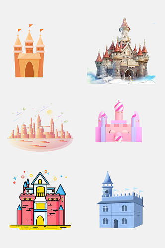 水彩缤纷卡通欧式童话城堡宫殿免抠素材