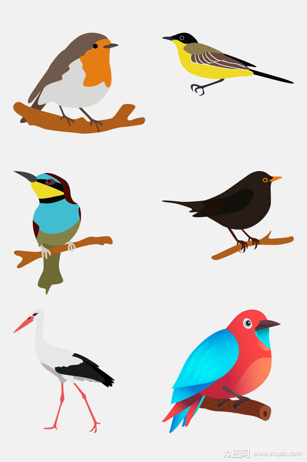 炫彩扁平风鸟类小鸟免抠素材