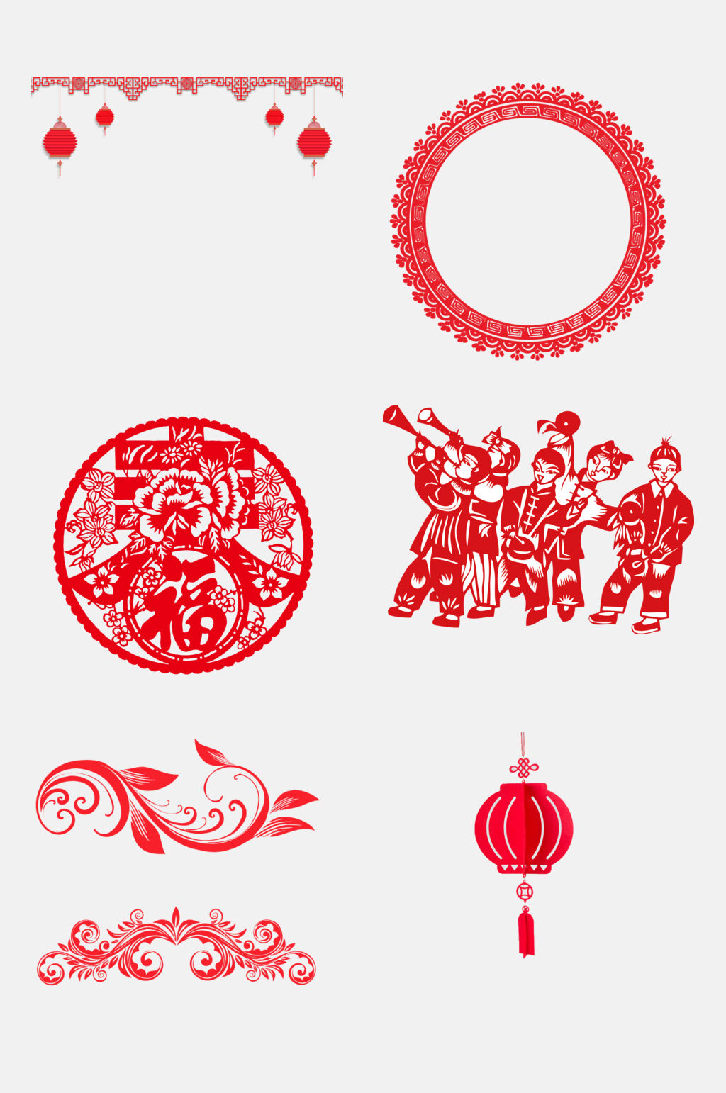 中式国潮红色新年边框剪纸免抠元素素材