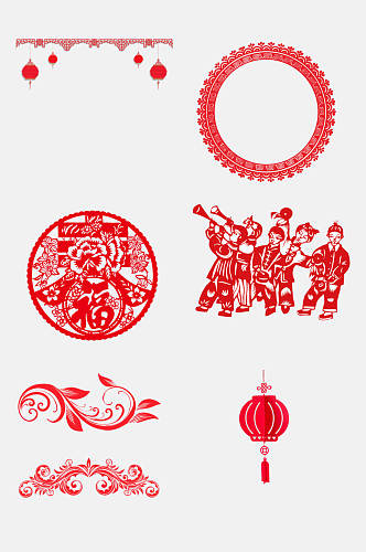 中式国潮红色新年边框剪纸免抠元素