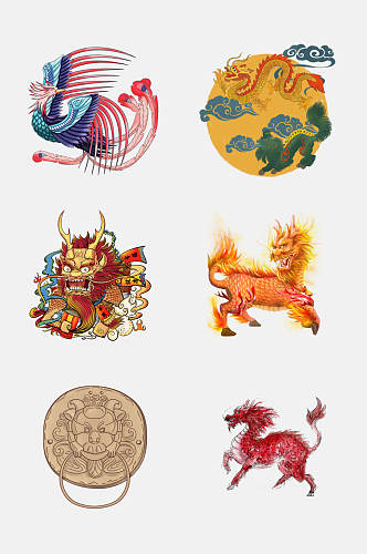 国潮大气手绘中国传统神兽免抠元素