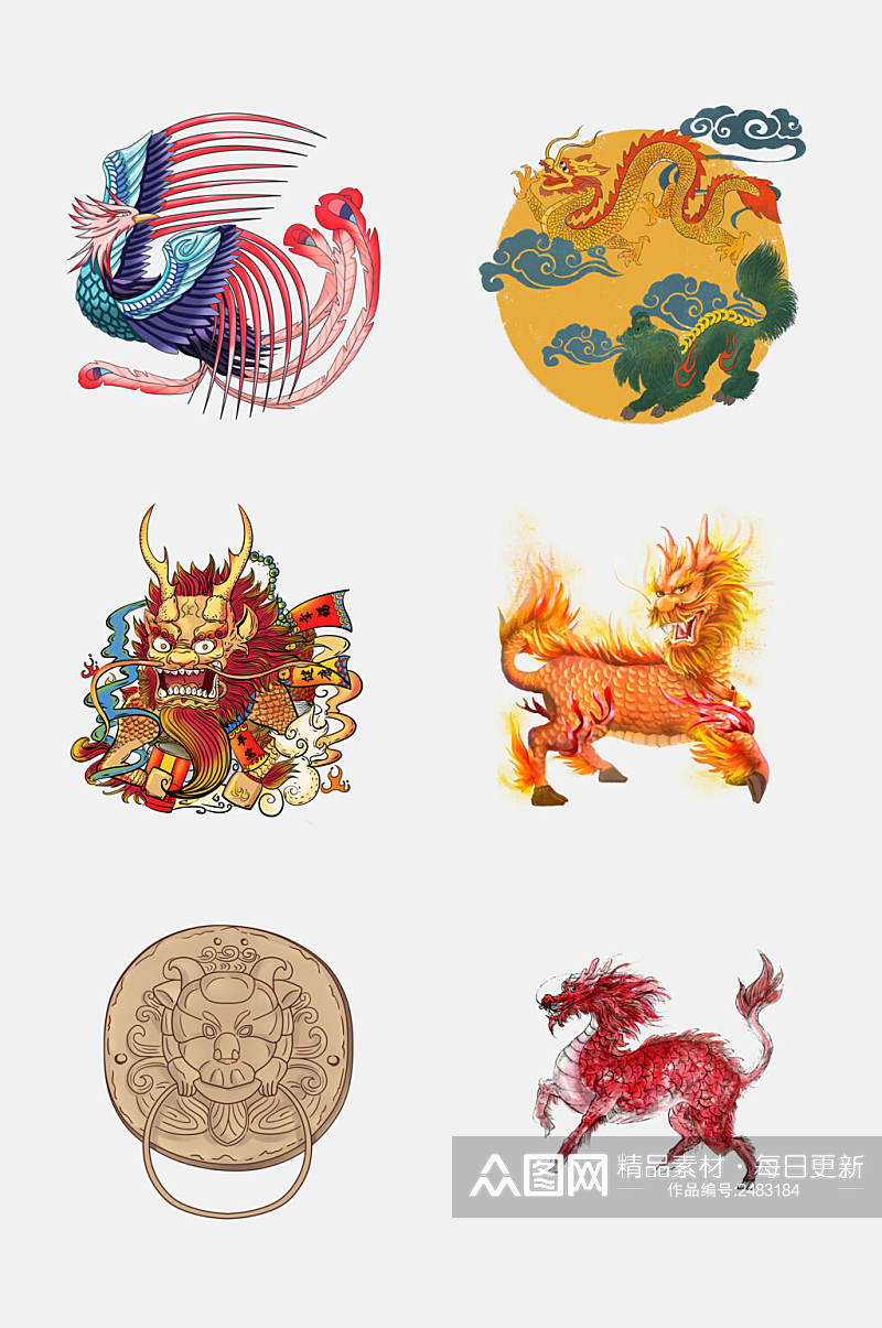 国潮大气手绘中国传统神兽免抠元素素材