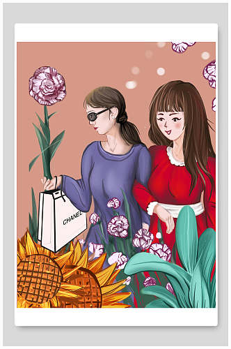 卡通手绘女神节插画素材