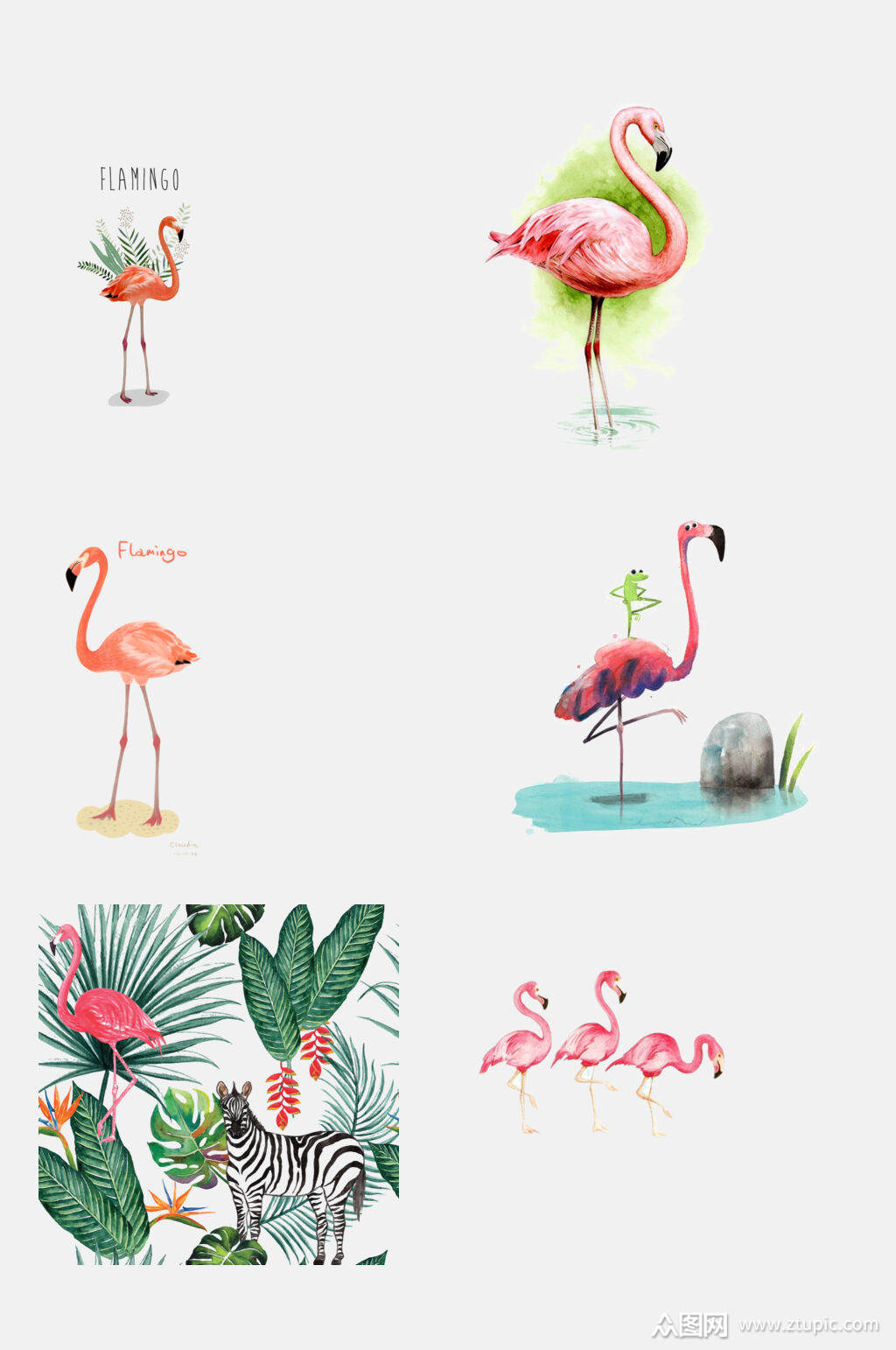 唯美森系卡通植物火烈鸟免抠元素