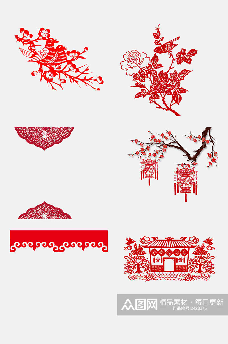 红色花卉新年边框剪纸免抠元素素材