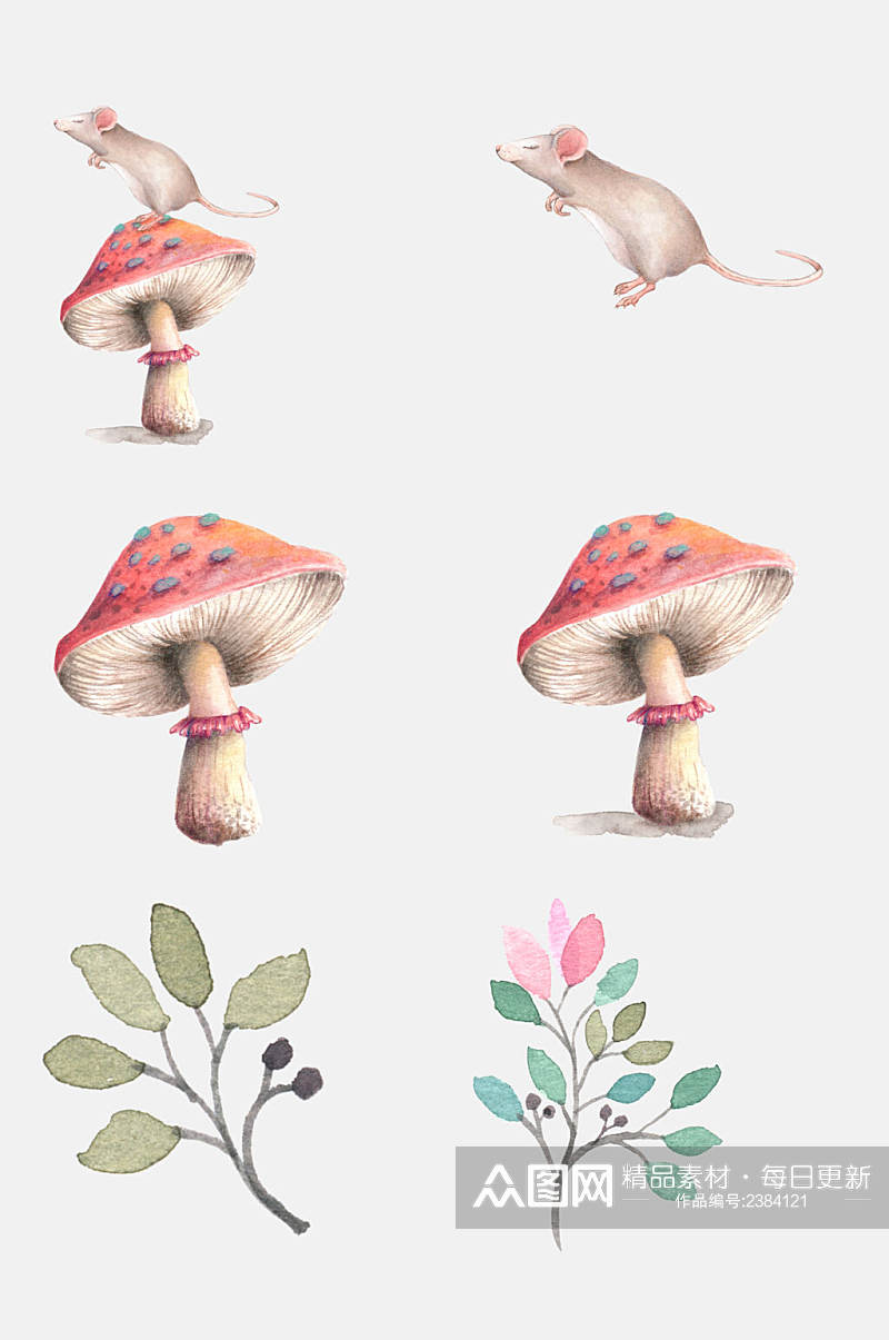 小清新手绘动植物蘑菇免抠元素素材
