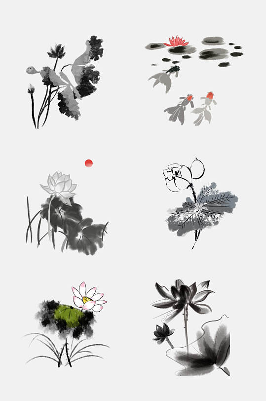 创意中国风水墨荷花荷叶免抠素材