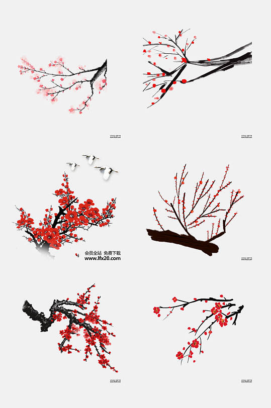 红色水墨红梅腊梅梅花免抠元素