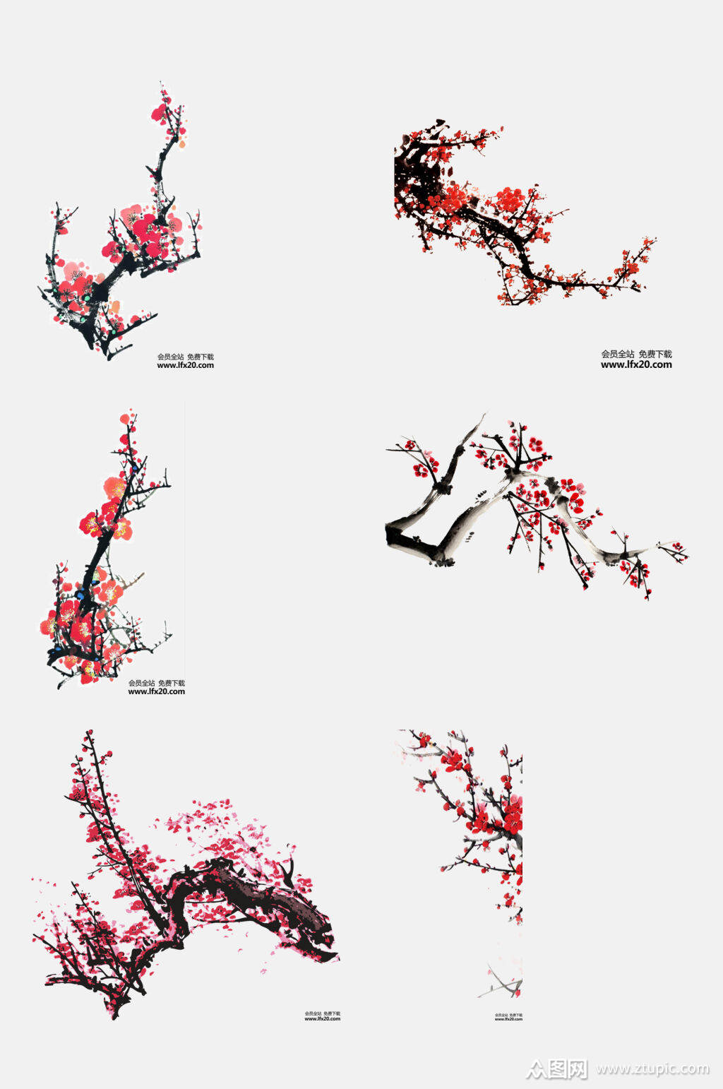 红色水墨红梅腊梅梅花免抠元素素材