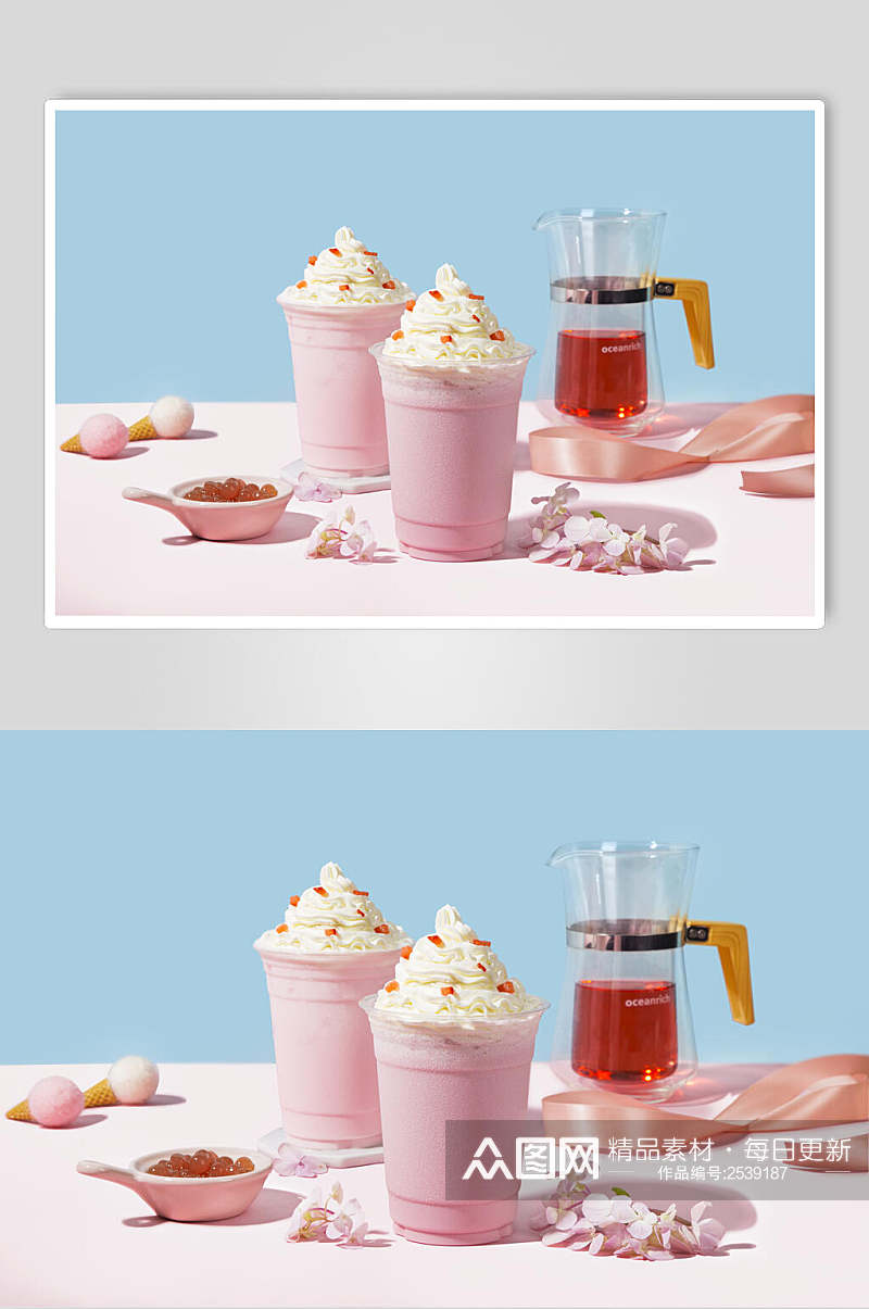清新粉蓝色冰沙奶茶食物高清图片素材