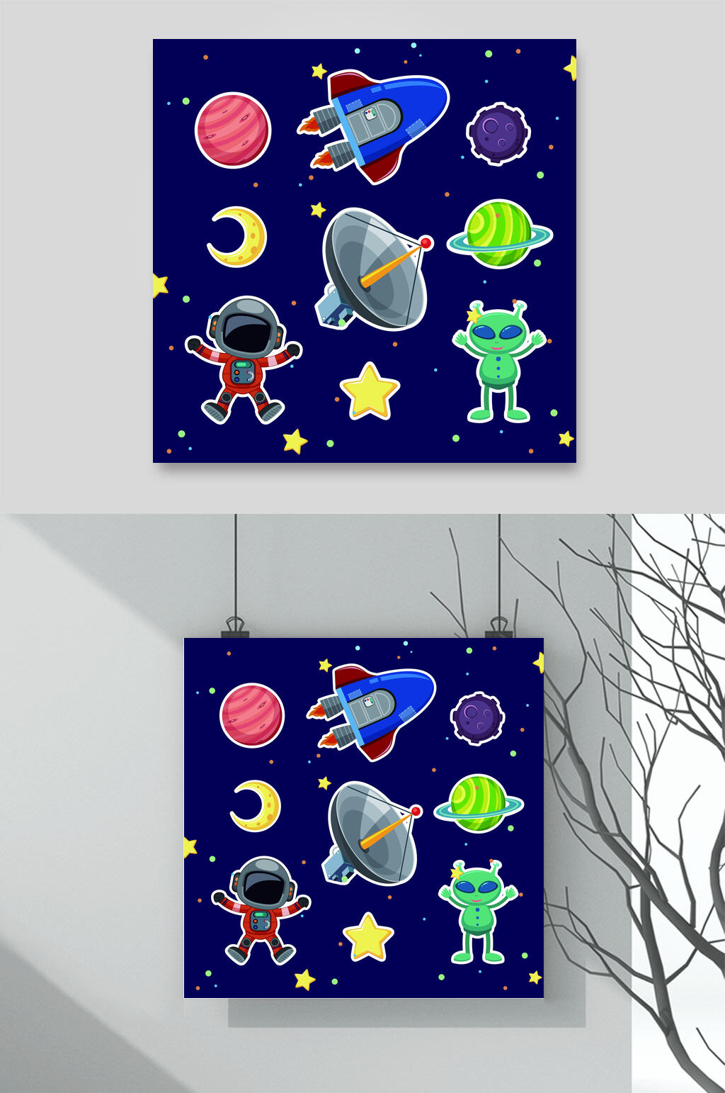 蓝色卡通宇航员星球矢量素材素材