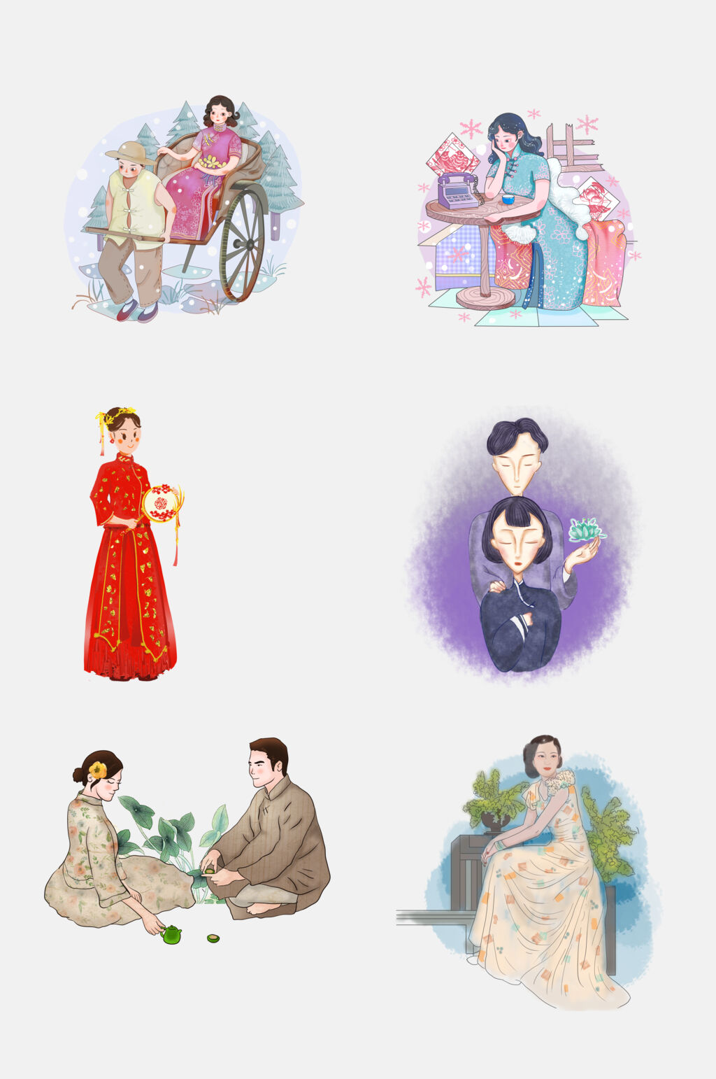 中式水彩时尚民国风古典旗袍美女免抠素材素材