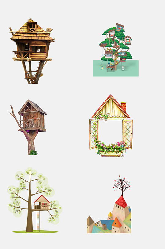 清新唯美卡通梦幻树屋免抠元素
