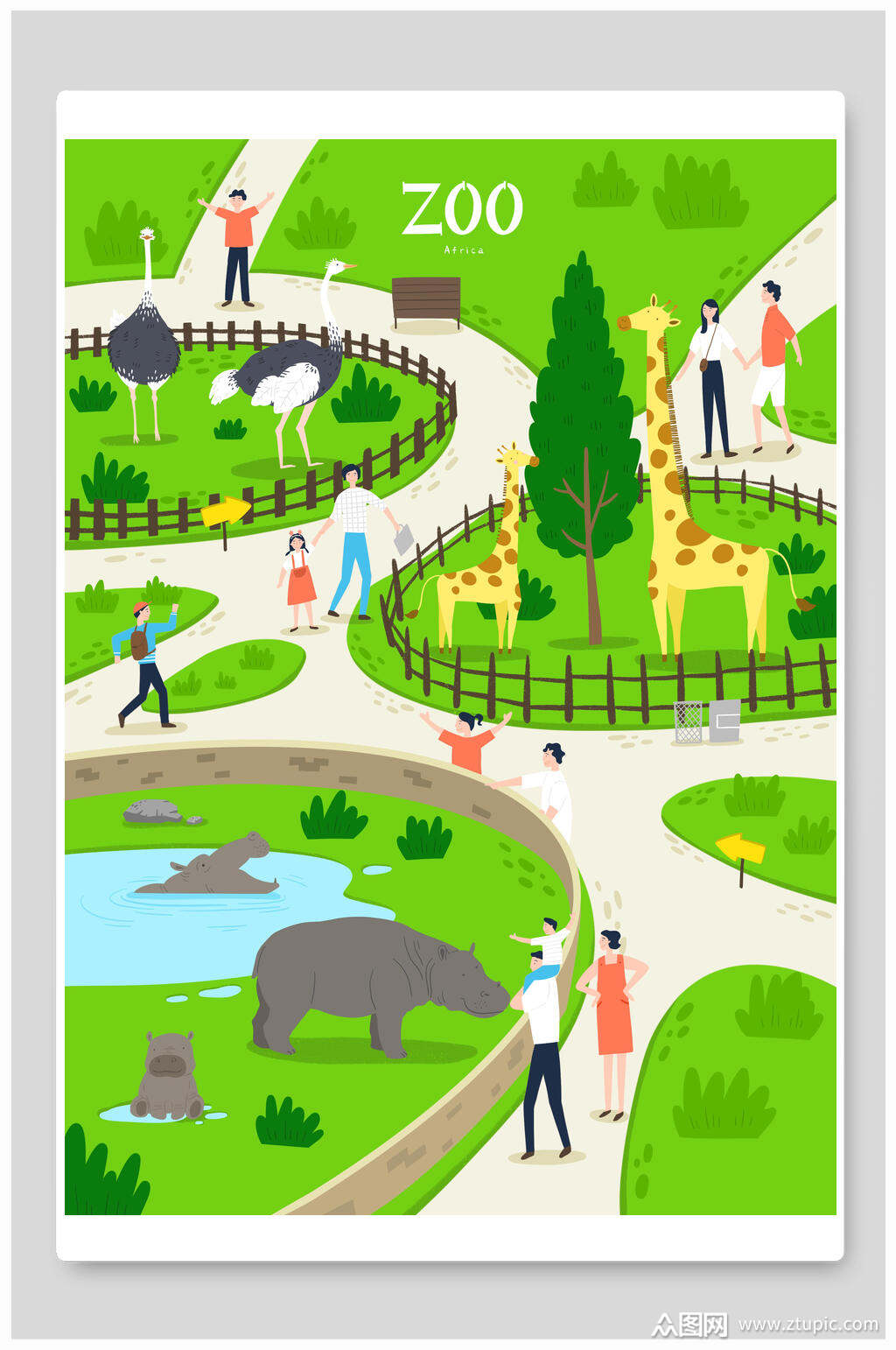 卡通手绘动物园插画素材素材