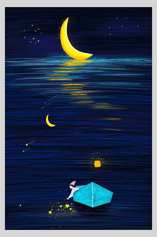 深蓝色唯美手绘插画素材