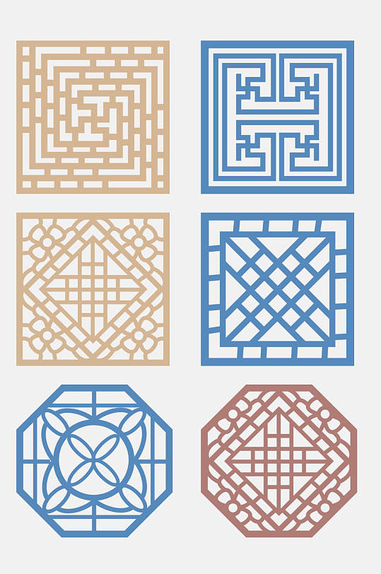 水彩中式传统图案窗格免抠素材