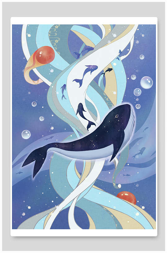 蓝色梦幻鲸鱼插画素材