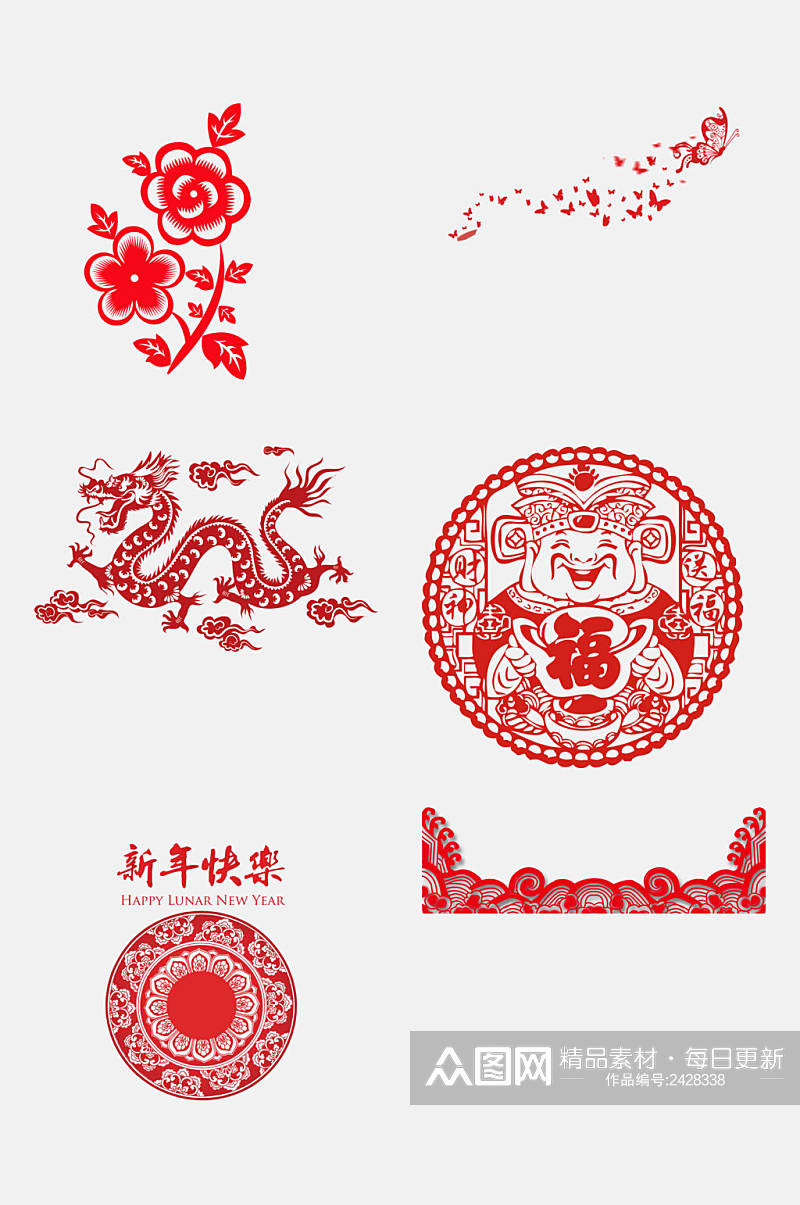 红色新年动物图案边框剪纸免抠元素素材