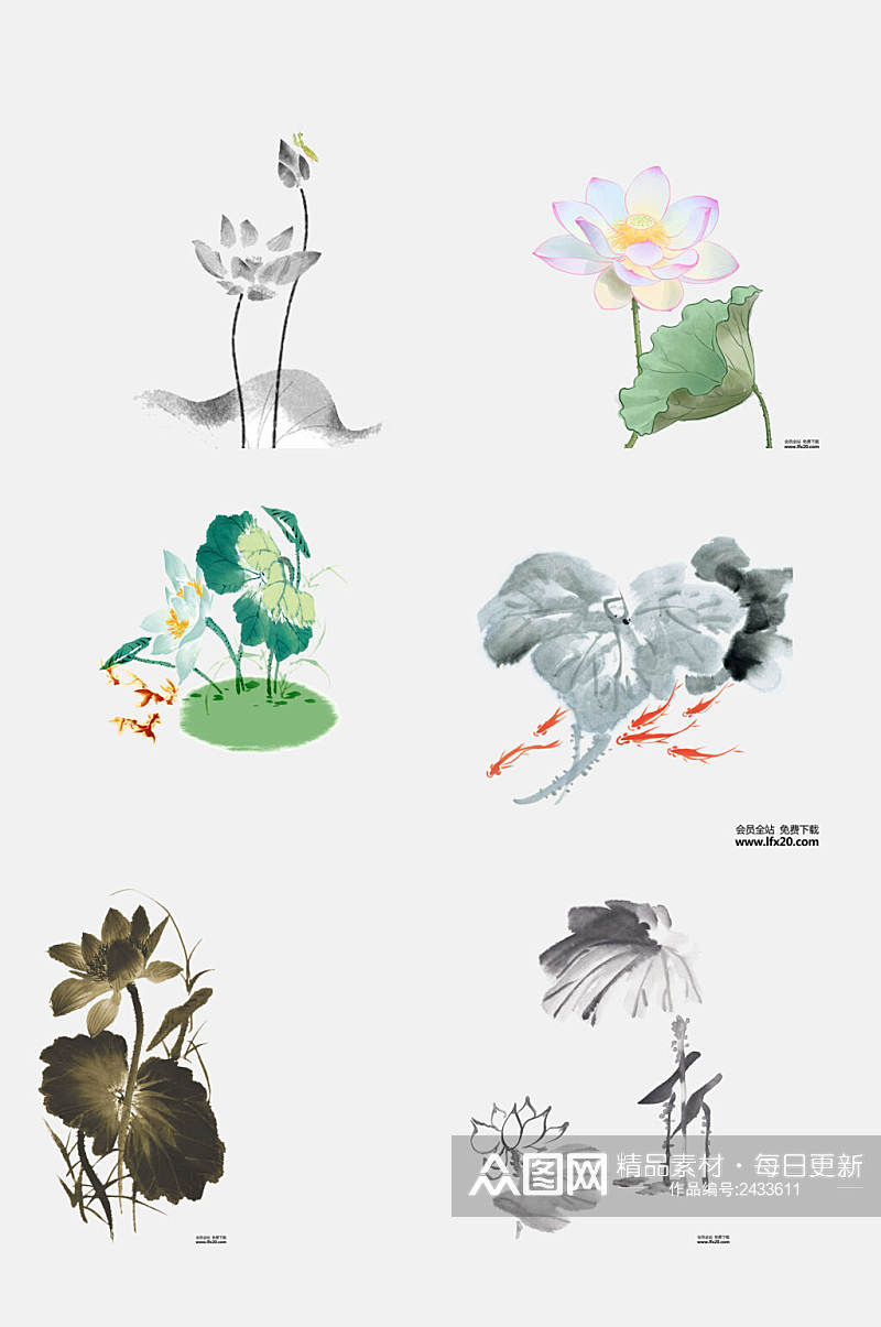 中国风水墨荷花植物花卉免抠元素素材