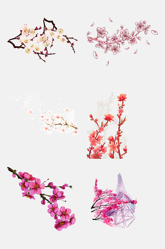 粉色手绘花卉花朵树枝免抠素材