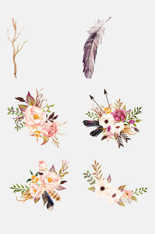 手绘水彩鲜花花环花卉叶子羽毛免抠元素