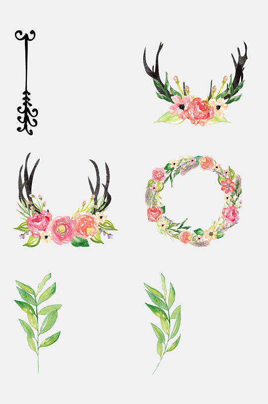 创意森系手绘水彩花朵花环植物免抠元素