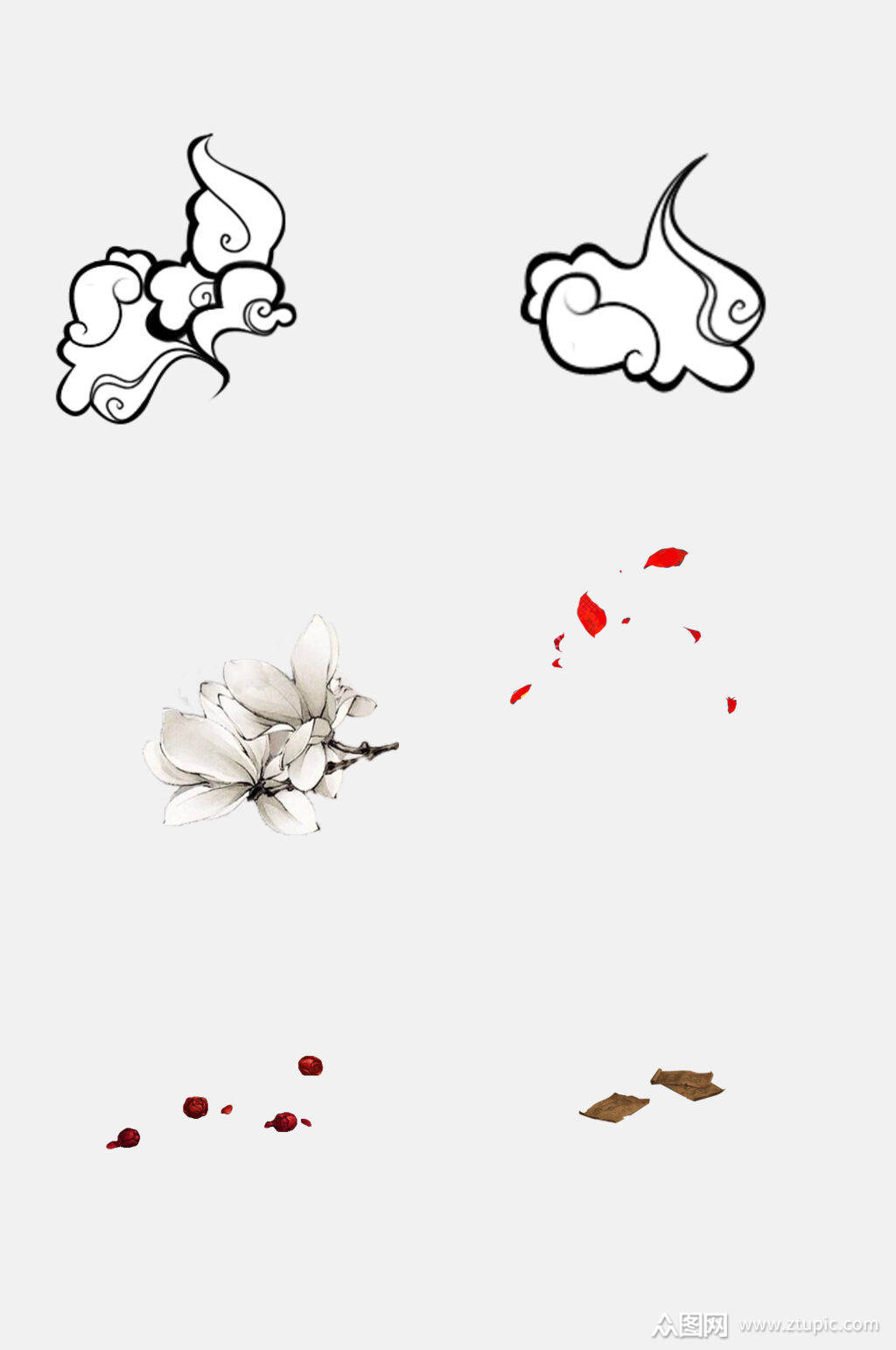 手绘国画古风祥云花卉免抠元素