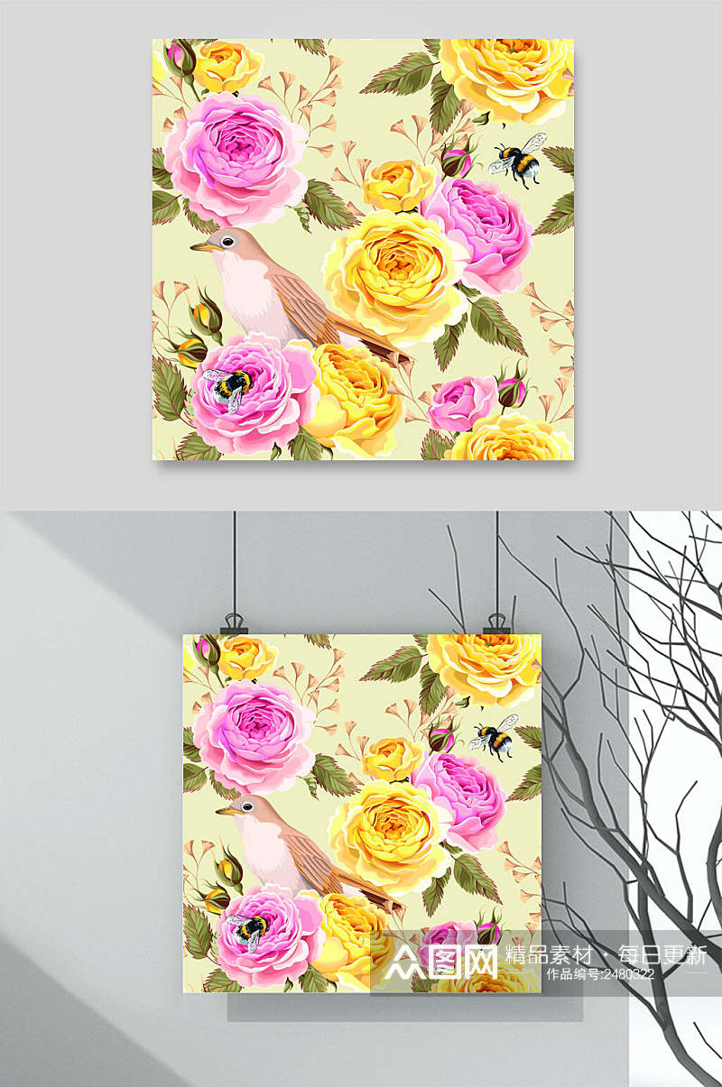 水彩花卉玫瑰花图案矢量素材素材