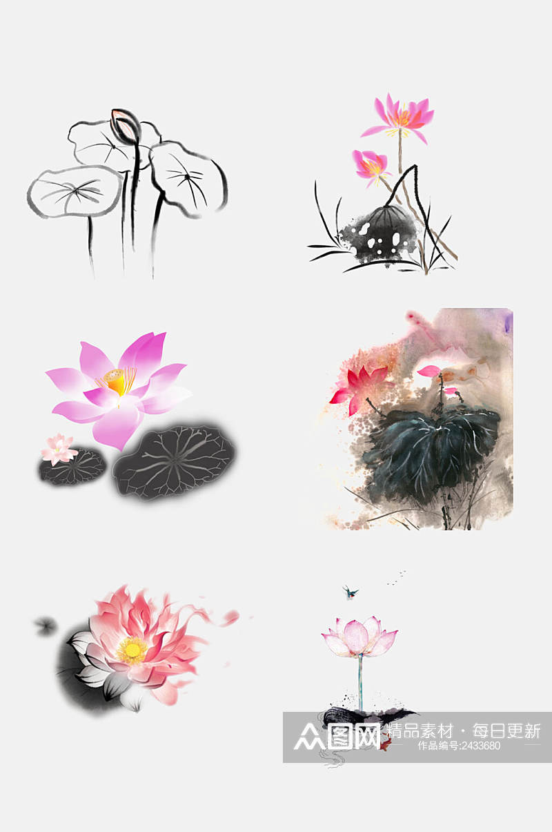 手绘中国风水墨花朵荷花荷叶免抠素材素材