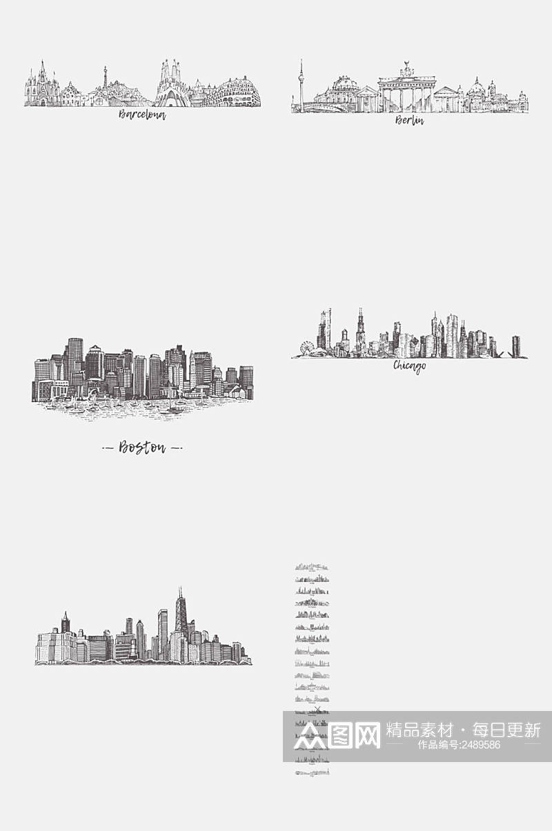 创意城市建筑素描免抠素材素材