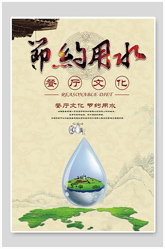 清新餐厅文化节约用水海报