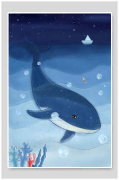 蓝色手绘鲸鱼插画素材