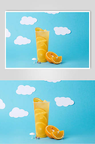 蓝天白云橙汁奶茶食品摄影图片