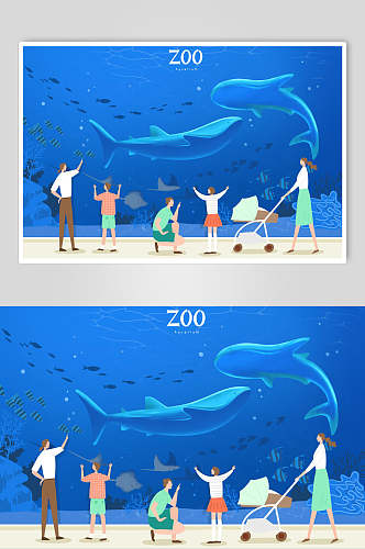 蓝色卡通动物园插画素材