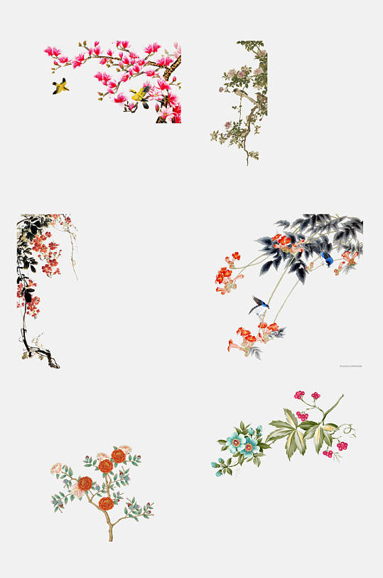 中国风工笔画花卉动物植物免抠元素