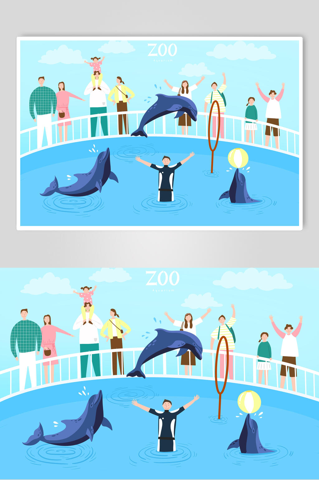 水族馆动物园海豚表演插画素材