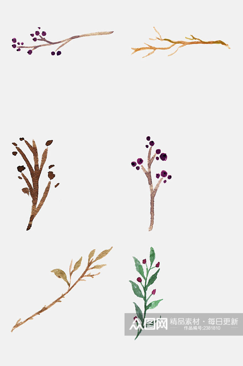 手绘水彩花环花卉叶子羽毛免抠元素素材