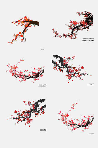 红色水墨红梅腊梅梅花免抠元素